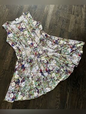 L’Atelier Green Gold Floral Metallic Midi A-Line Dress Made In Canada Size L